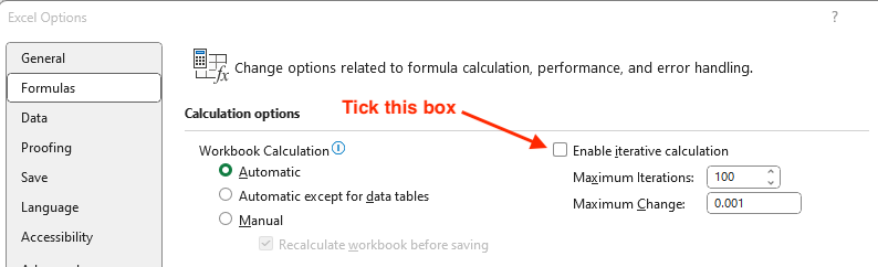 Enable iterative calculations on Excel on Windows