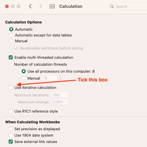 Enable iterative calculations on Excel on Mac