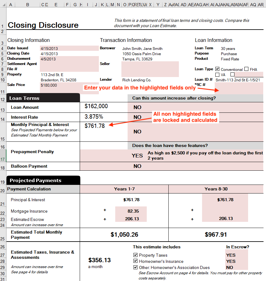 Illustrated example of the Closing Disclosure form showing where you can enter your data and what is automatically calculated and displayed