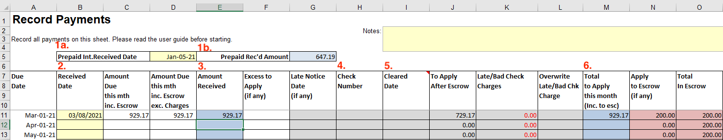 Key columns on the Record Payments worksheet where you enter payments