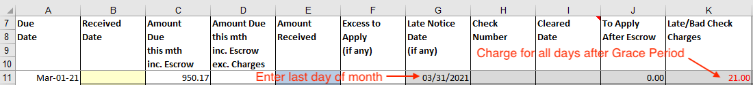 View of Record Payments showing where there is no payment received after the days before late grace period