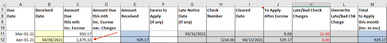 View of the Record Payments worksheet where the next month shows the accrued unpaid Late Charge