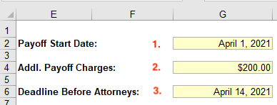 Enter the Payoff Start Date, Additional Payoff Charges and the Deadline before Attorneys on the Acceleration Notice letter