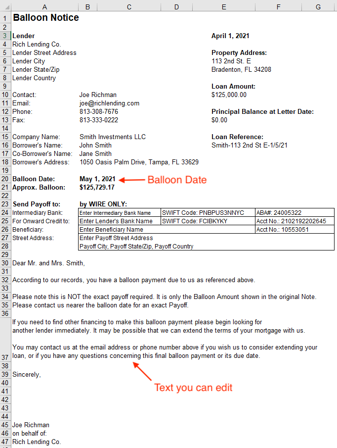 Balloon Notice letter showing the borrower the upcoming balloon date. There is a text section you can customize