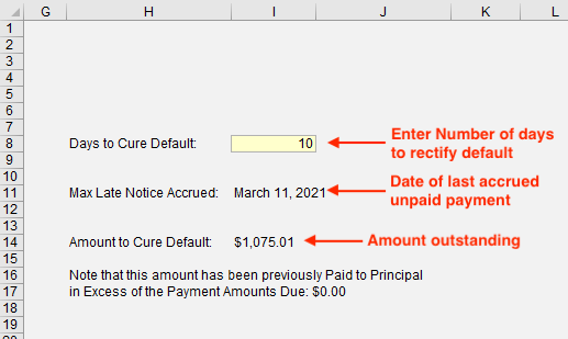 to create your Late Notice, enter the number of days to cure the default