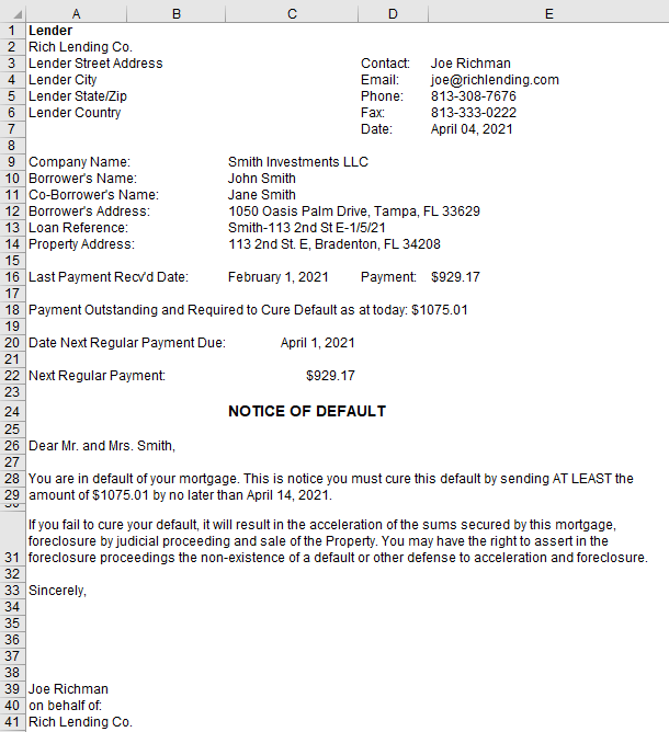 What the Late Notice looks like showing that the borrower has 10 days to correct the default