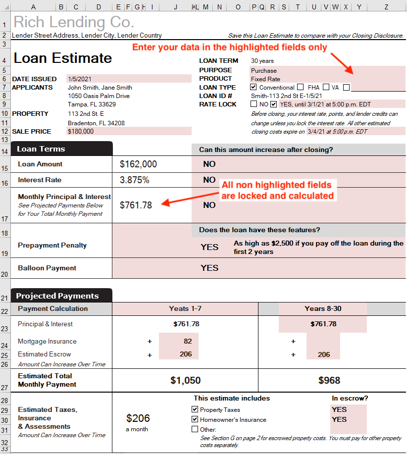 Illustrated example of the Loan Estimate form showing where you can enter your data and what is automatically calculated and displayed