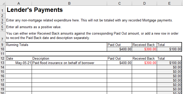 Lender's Payments where lender can record expenses and items paid for by the lender that the borrower needs to refund