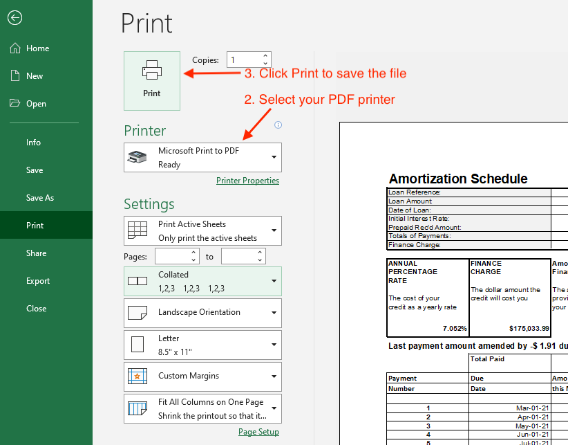 Click on the Print button in Microsoft Excel and select the pdf printer