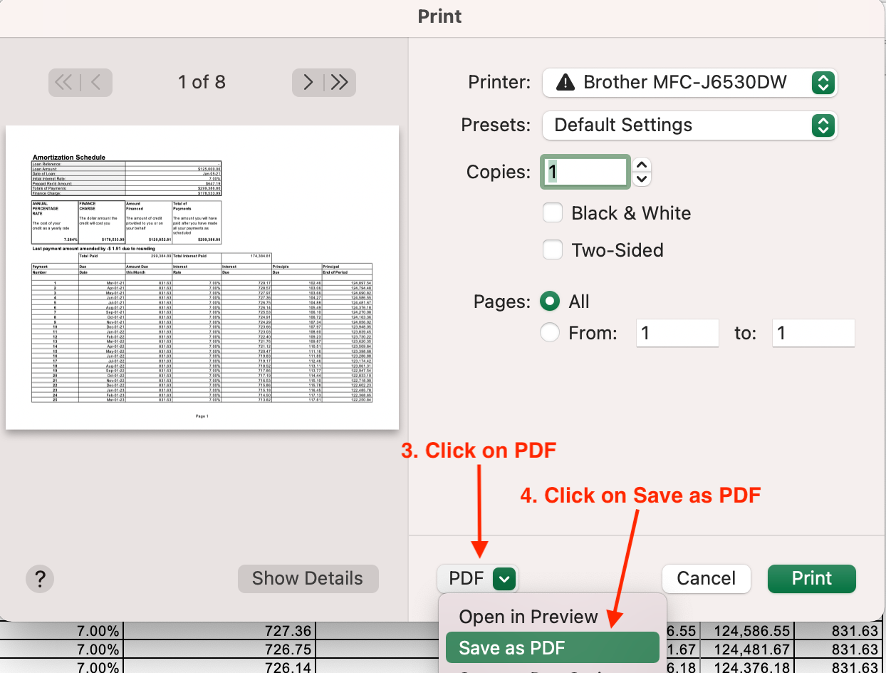 Click on PDF and Save as PDF on the Mac print menu