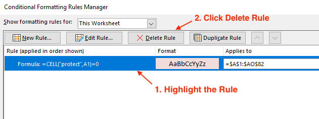 Delete the rule in Microsoft Excel Conditional Formatting Rule Manager