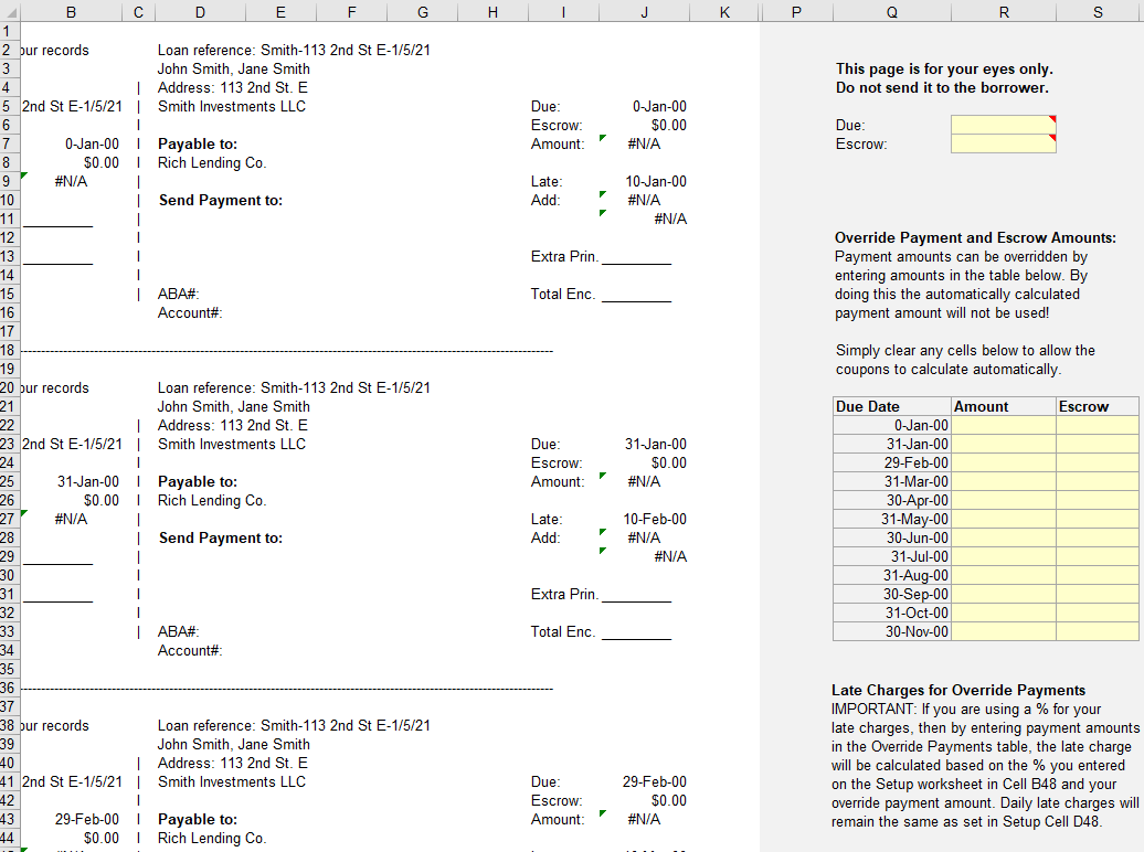 Example Payment Coupons in Lender Spreadsheet