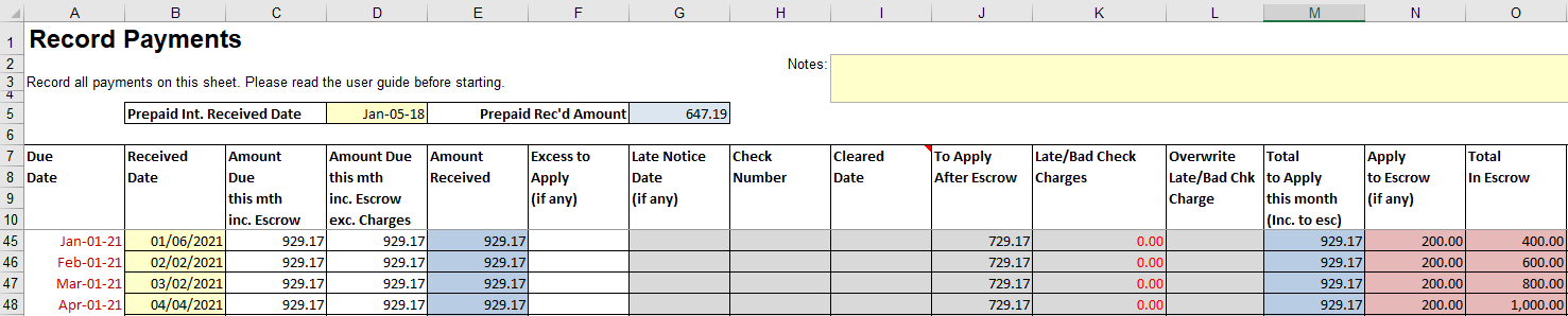 Record Payments worksheet Payments entered for all months