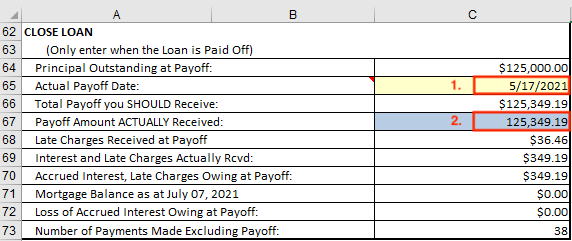 Setup worksheet entering Actual Payoff Date and Payoff Amount