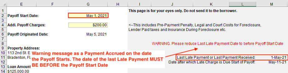Illustrated warning message showing that the payoff start date must be after the last payment