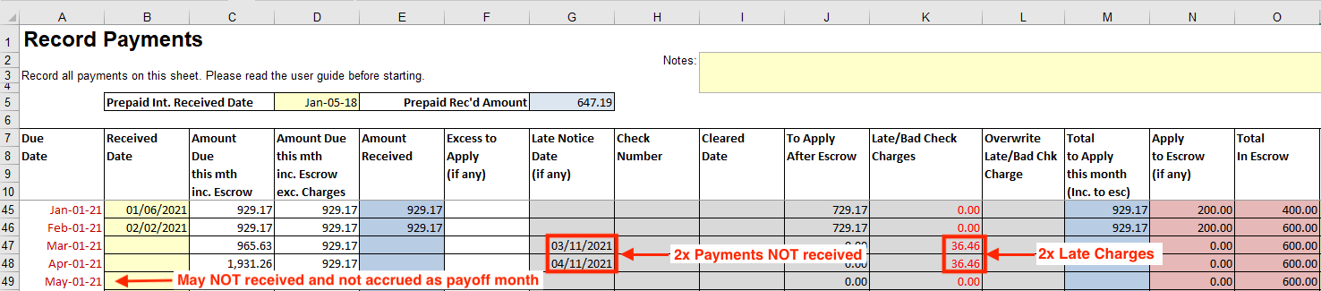 Record Payments worksheet last two payments not paid