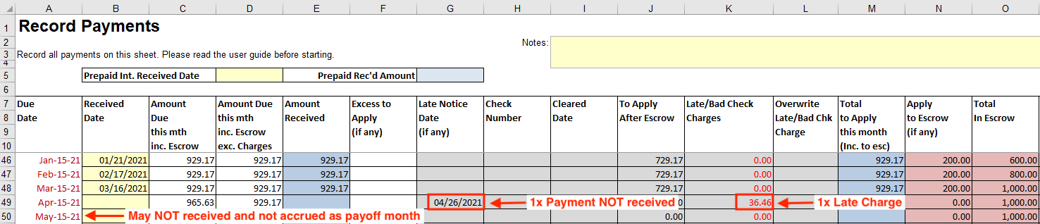 Record Payments worksheet mid month originated loan two payments unpaid