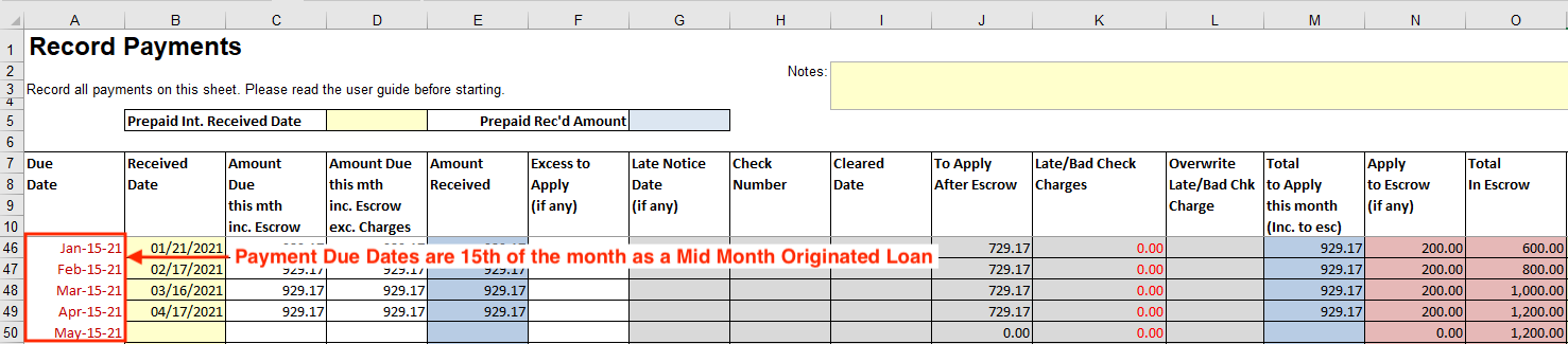 Record Payments worksheet mid month originated loan