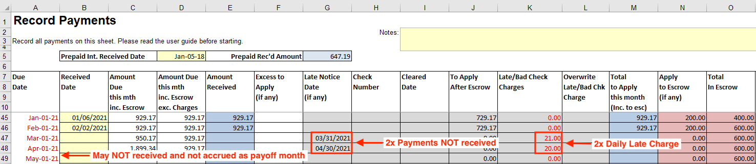 Record Payments worksheet last two payments unpaid with Daily Late Charge