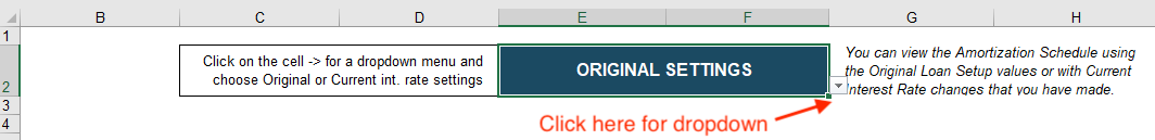 Dropdown on Amortization Schedule worksheet giving the option to change settings. Default option is the original settings when the loan was first originated