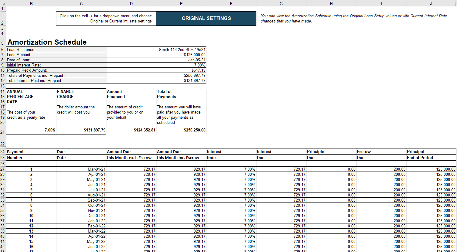 Example Amortization Schedule for a loan of $125,000 at 7%