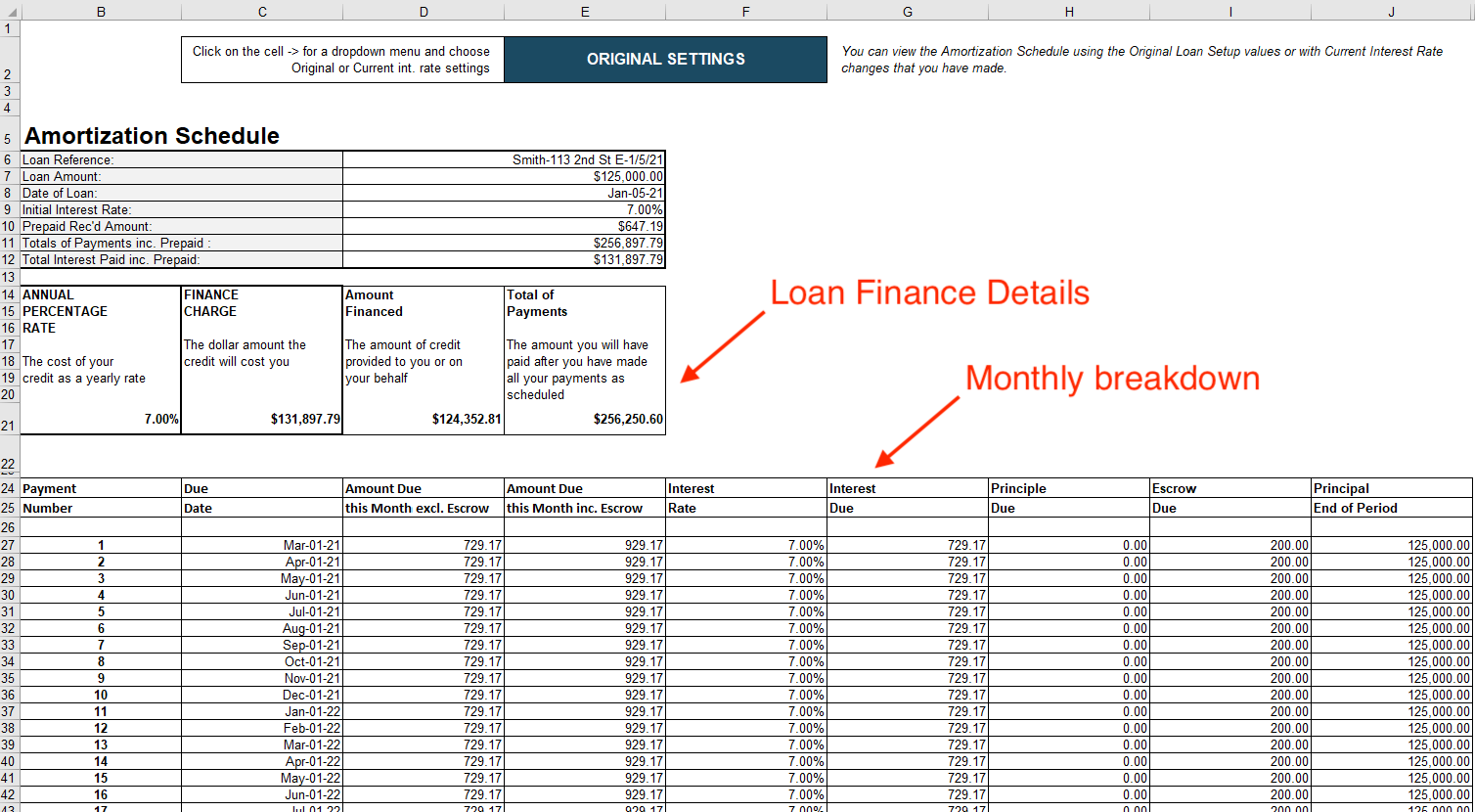 Example Amortization Schedule in Lender Spreadsheet