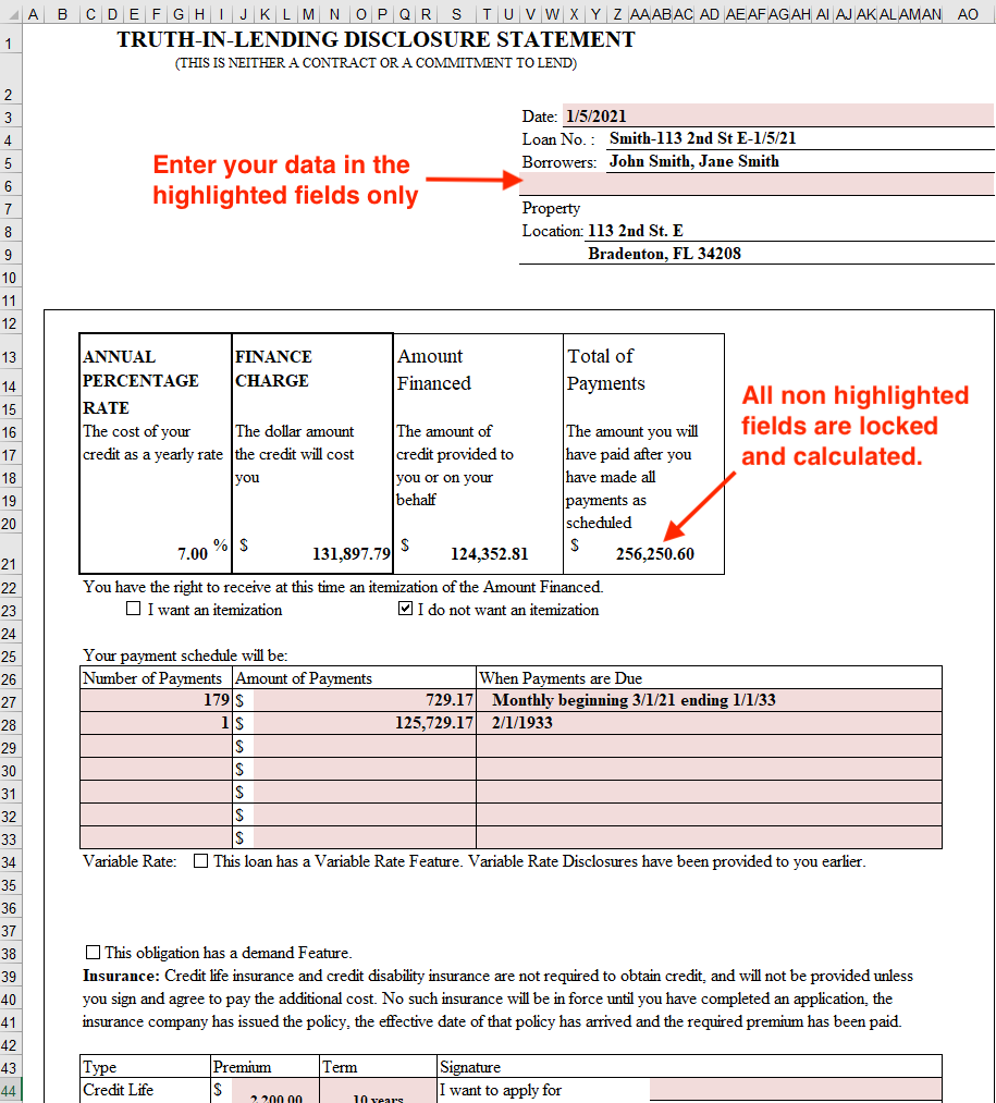 Example Truth in Lending form showing where to eneter the datef and which fields can be edited