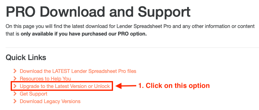 Where to navigate to on the PRO members account download page. Choose the Upgrade to the Latest Version or Unlock option