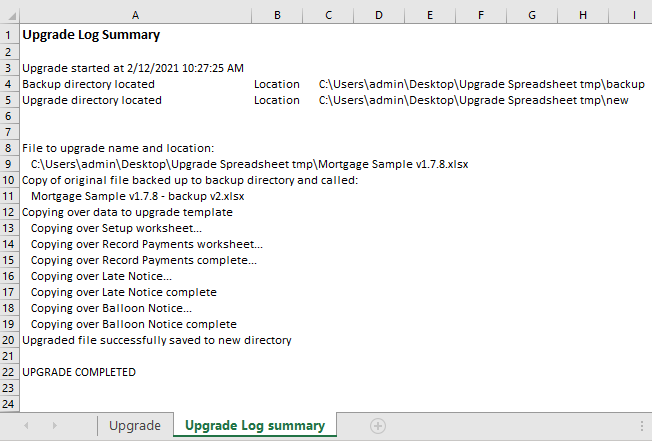 Upgrade Log shown on the Upgrade Log Summary worksheet. View details here and further information on any errors