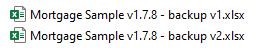 Backup files contain the original name along with '- backup v1.xlsx' appended.
